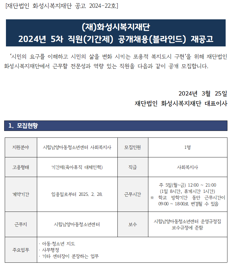 (재)화성시복지재단 2024년 5차 직원(기간제) 공개채용(블라인드) 재공고