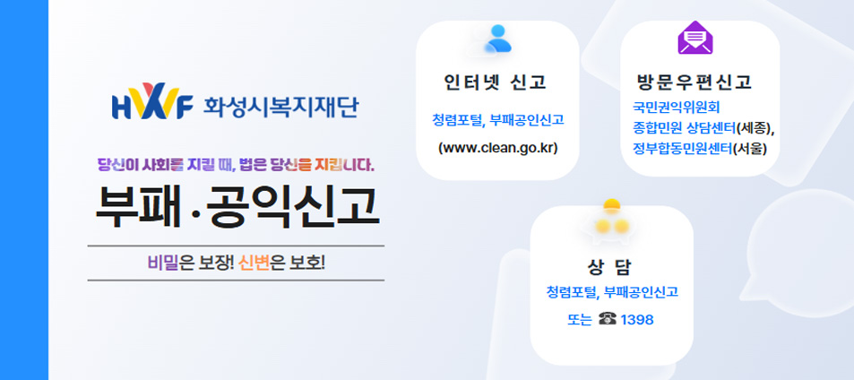 화성시복지재단 당신이 사회를 지킬 때, 법은 당신을 지킵니다. 부패.공익신고 비밀은 보장! 신변은 보호! 인터넷신고 청렴포털, 부패공인신고(www.clean.go.kr) 방문우편신고 국민권익위원회 종합민원 상담센터(세종),정부합동민원센터(서울) 상담 청렴포털, 부패공인신고 또는 1398